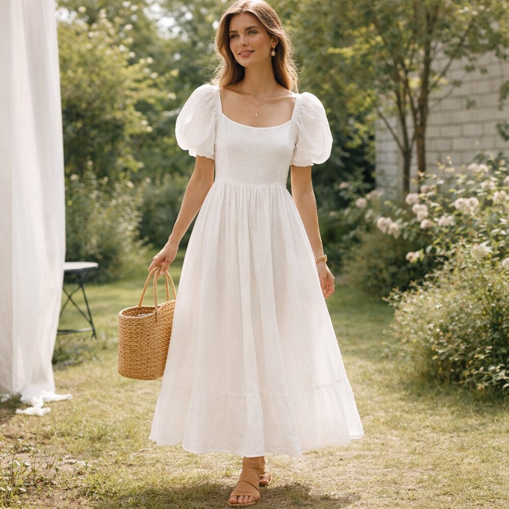 White Puff-Sleeve Midi Dress - Elegant Summer Dress
